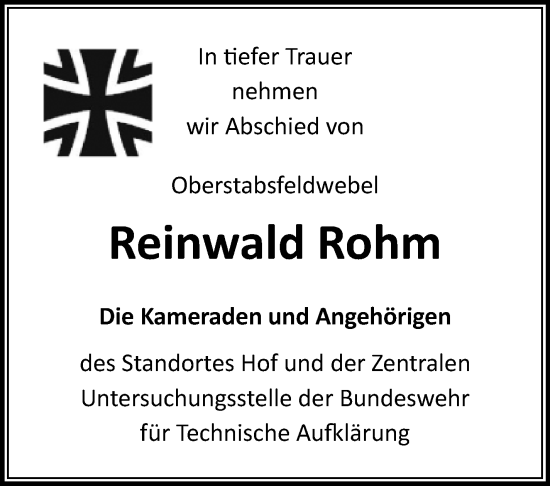 Traueranzeige von Reinwald Rohm von Frankenpost
