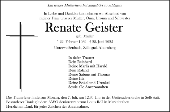 Traueranzeige von Renate Geister von Frankenpost