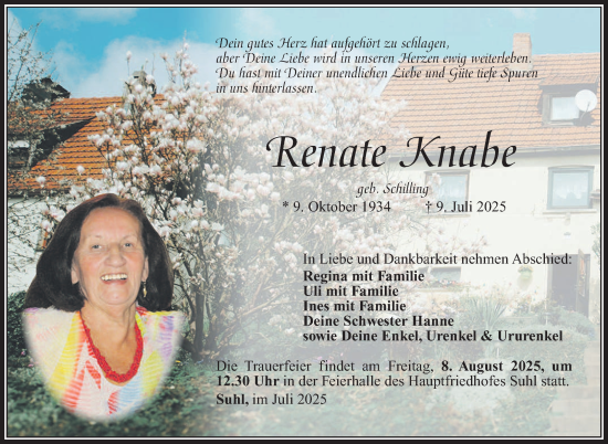 Traueranzeige von Renate Knabe von Südthüringer Presse
