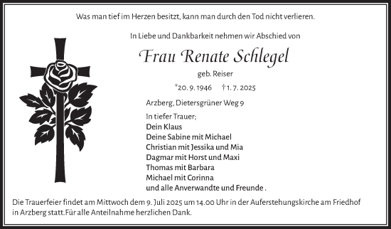 Traueranzeige von Renate Schlegel von Frankenpost