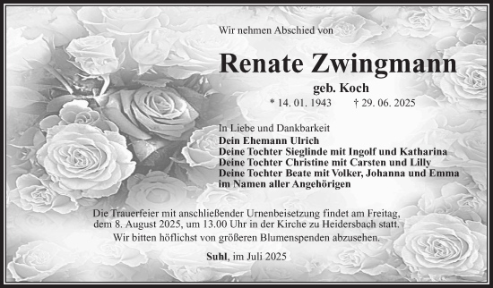Traueranzeige von Renate Zwingmann von Südthüringer Presse