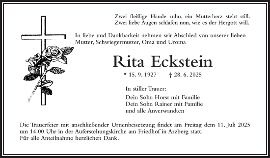 Traueranzeige von Rita Eckstein von Frankenpost