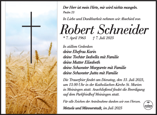 Traueranzeige von Robert Schneider von Südthüringer Presse