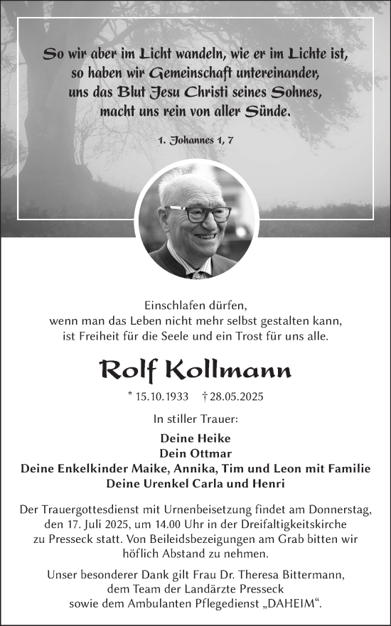 Traueranzeige von Rolf Kollmann von Frankenpost
