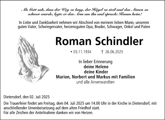 Traueranzeige von Roman Schindler von Neue Presse Coburg