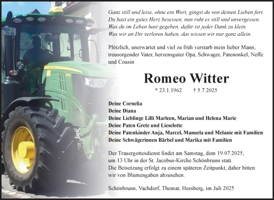 Traueranzeige von Romeo Witter von Südthüringer Presse