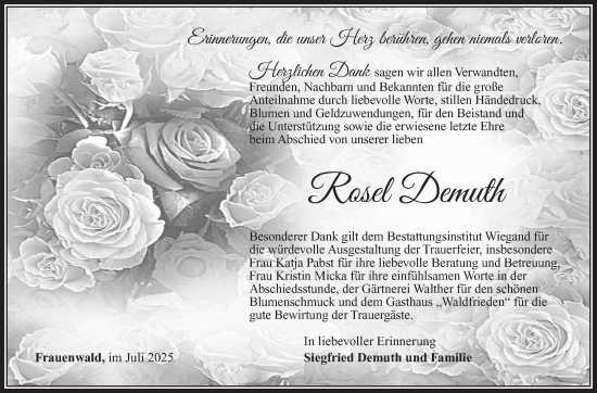 Traueranzeige von Rosel Demuth von Südthüringer Presse