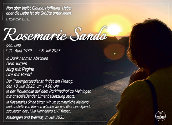 Traueranzeige von Rosemarie Sando von Südthüringer Presse