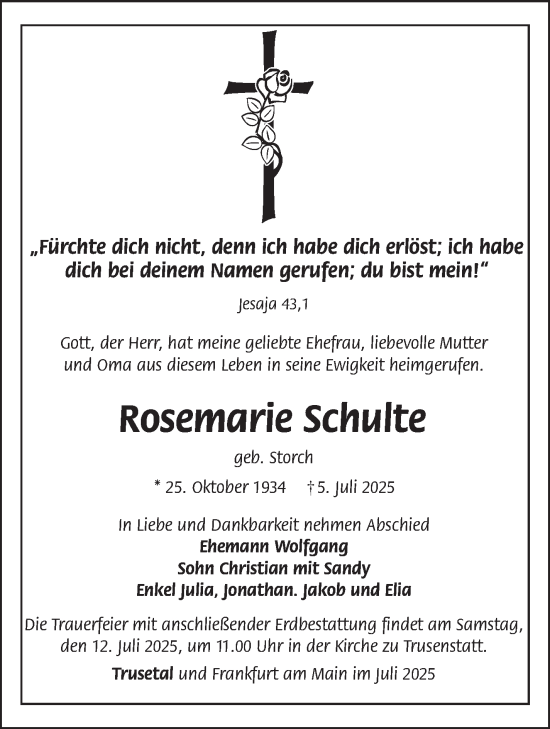 Traueranzeige von Rosemarie Schulte von Südthüringer Presse