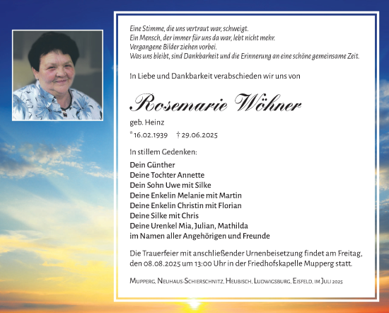 Traueranzeige von Rosemarie Wöhner von Südthüringer Presse