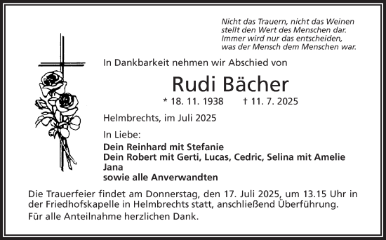 Traueranzeige von Rudi Bächer von Südthüringer Presse