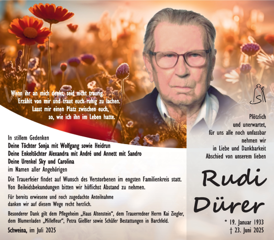 Traueranzeige von Rudi Dürer von Südthüringer Presse