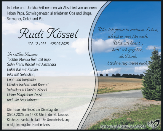 Traueranzeige von Rudi Kössel von Südthüringer Presse