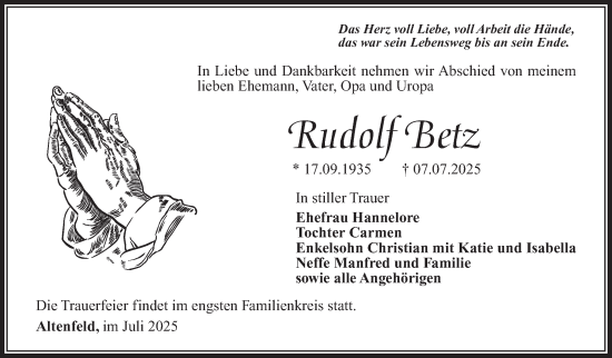 Traueranzeige von Rudolf Betz von Südthüringer Presse