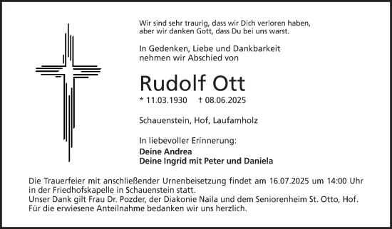 Traueranzeige von Rudolf Ott von Frankenpost