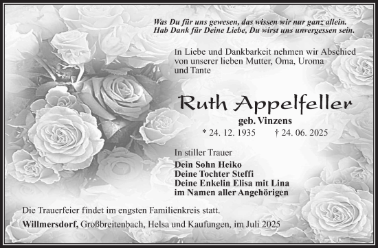 Traueranzeige von Ruth Appelfeller von Südthüringer Presse