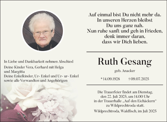 Traueranzeige von Ruth Gesang von Südthüringer Presse