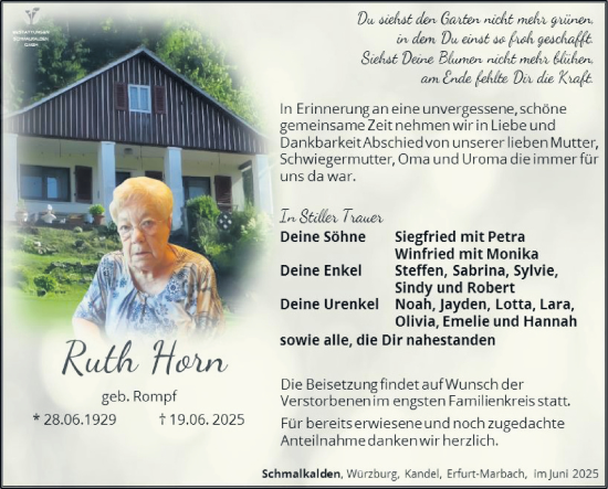 Traueranzeige von Ruth Horn von Südthüringer Presse