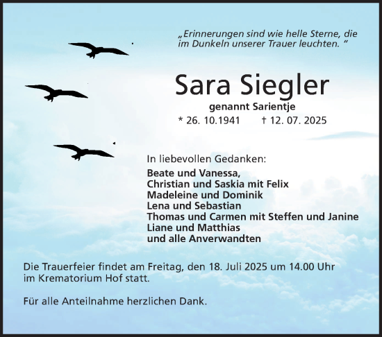 Traueranzeige von Sara Siegler von Südthüringer Presse
