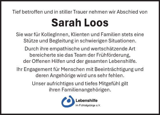 Traueranzeige von Sarah Loos von Frankenpost
