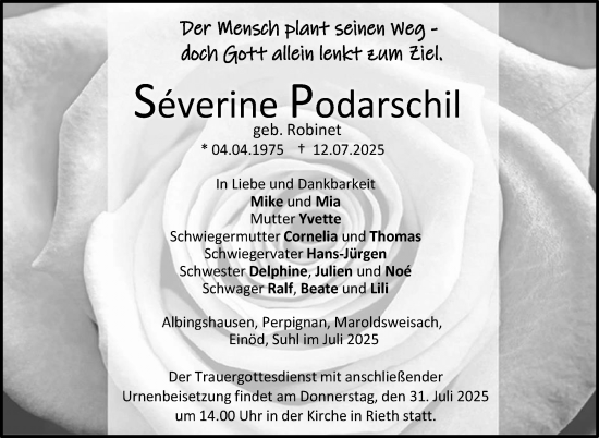 Traueranzeige von Severine Podarschil von Südthüringer Presse