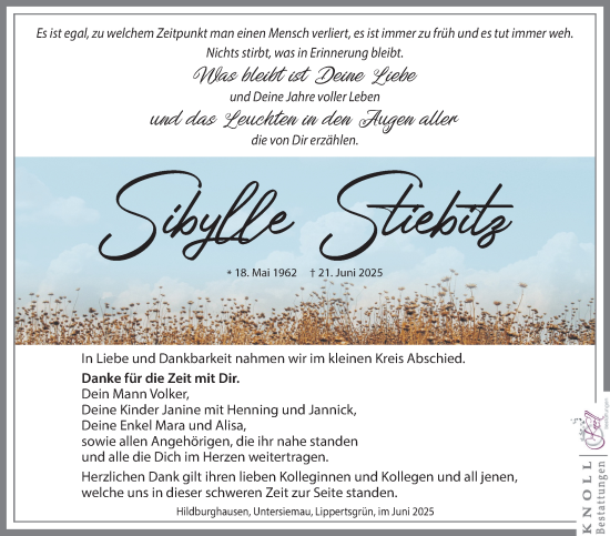 Traueranzeige von Sibylle Stiebitz von Südthüringer Presse