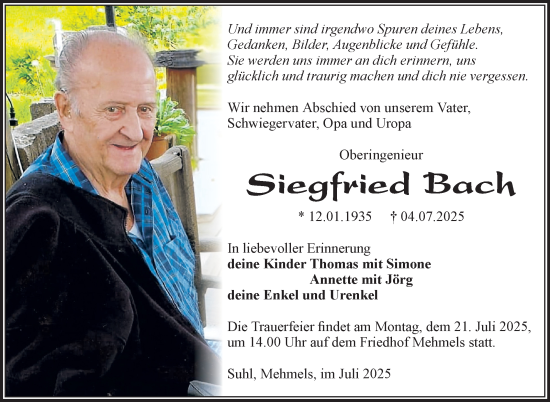 Traueranzeige von Siegfried Bach von Südthüringer Presse