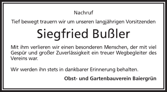 Traueranzeige von Siegfried Bußler von Frankenpost