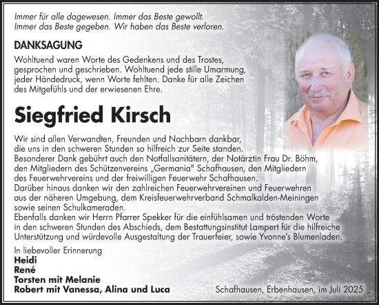 Traueranzeige von Siegfried Kirsch von Südthüringer Presse