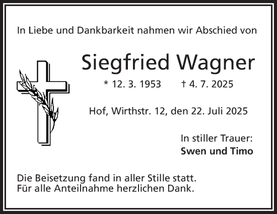Traueranzeige von Siegfried Wagner von Frankenpost