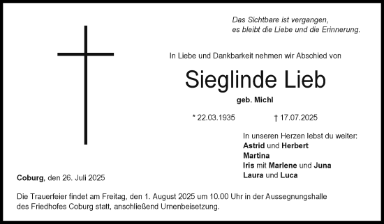 Traueranzeige von Sieglinde Lieb von Neue Presse Coburg