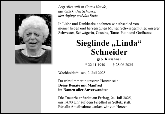 Traueranzeige von Sieglinde Schneider von Frankenpost