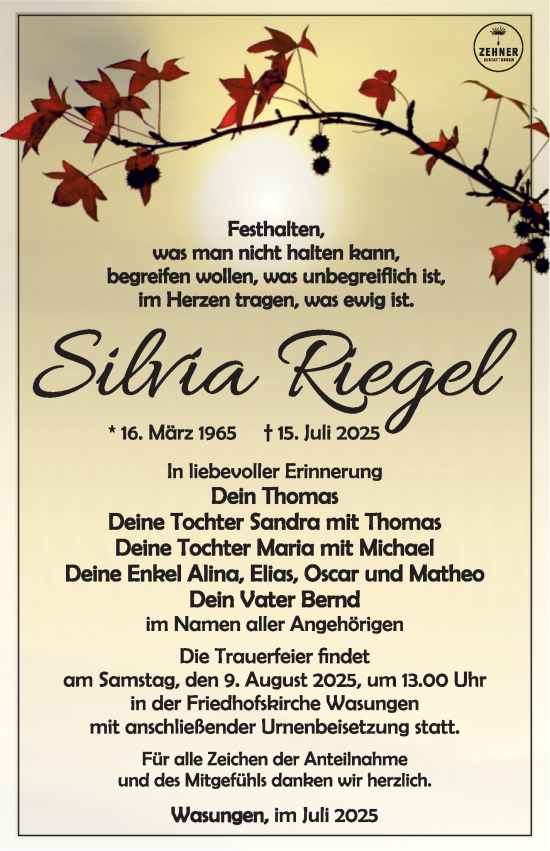 Traueranzeige von Silvia Riegel von Südthüringer Presse