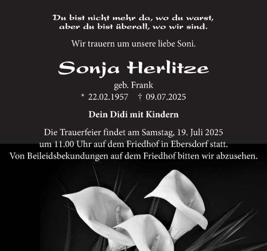 Traueranzeige von Sonja Herlitze von Neue Presse Coburg