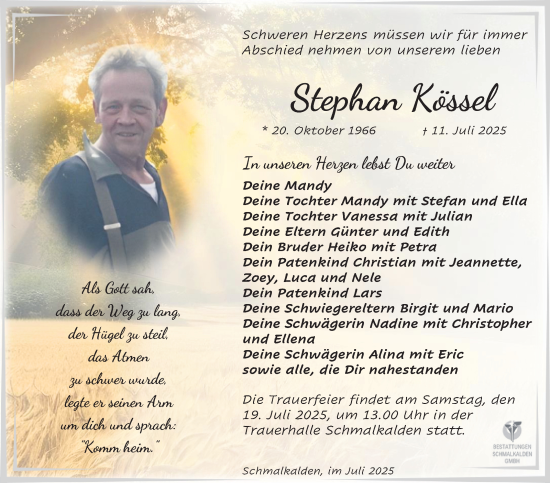 Traueranzeige von Stephan Kössel von Südthüringer Presse
