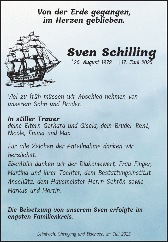 Traueranzeige von Sven Schilling von Südthüringer Presse