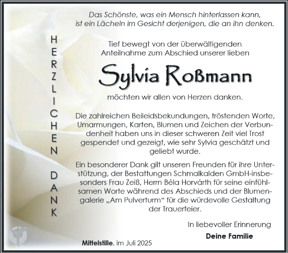  Traueranzeige für Sylvia Roßmann vom 26.07.2025 aus Südthüringer Presse