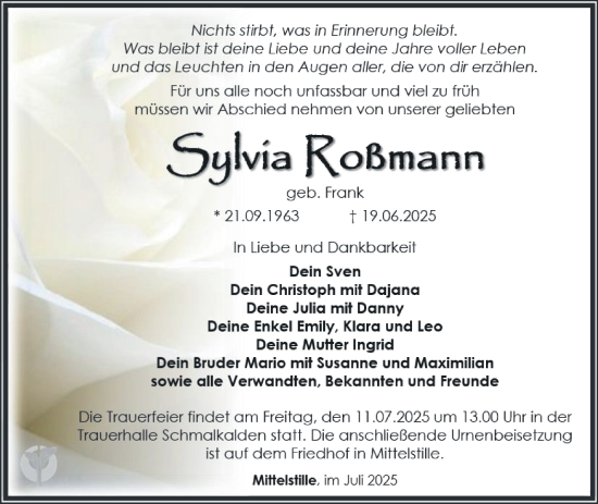 Traueranzeige von Sylvia Roßmann von Südthüringer Presse
