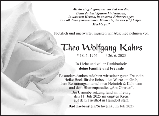 Traueranzeige von TheoWolfgang Kahrs von Südthüringer Presse