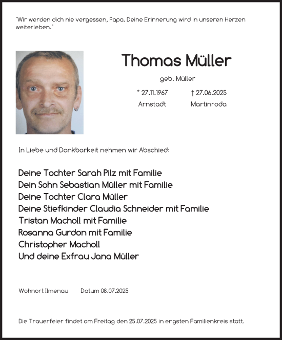 Traueranzeige von Thomas Müller von Südthüringer Presse
