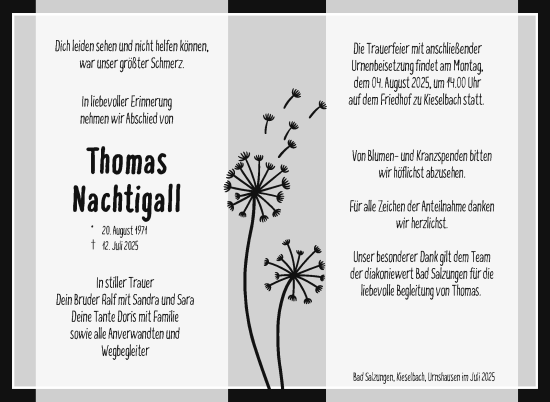 Traueranzeige von Thomas Nachtigall von Südthüringer Presse