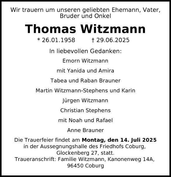 Traueranzeige von Thomas Witzmann von Neue Presse Coburg