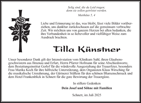 Traueranzeige von Tilla Künstner von Südthüringer Presse