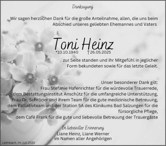 Traueranzeige von Toni Heinz von Südthüringer Presse