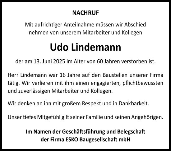 Traueranzeige von Udo Lindemann von Südthüringer Presse