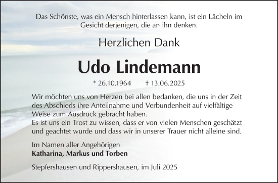 Traueranzeige von Udo Lindemann von Südthüringer Presse
