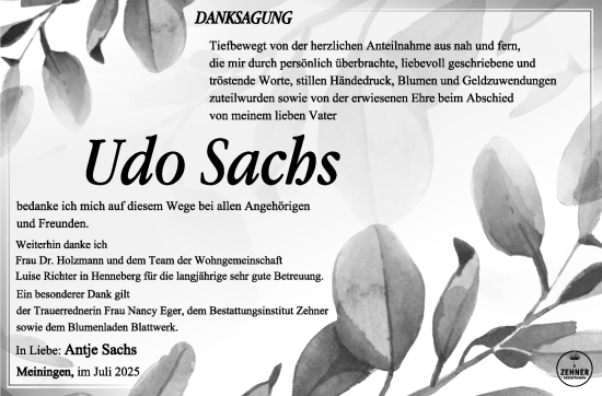Traueranzeige von Udo Sachs von Südthüringer Presse