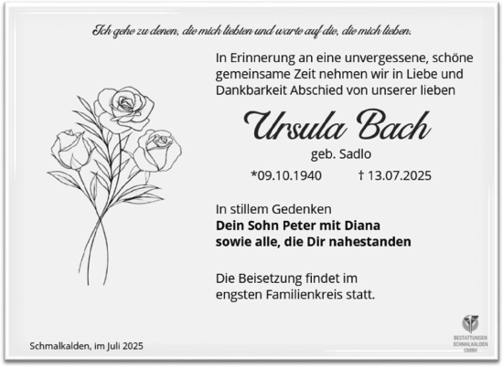 Traueranzeige von Ursula Bach von Südthüringer Presse