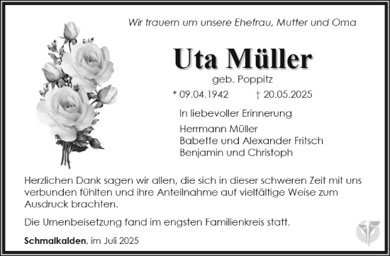 Traueranzeige von Uta Müller von Südthüringer Presse