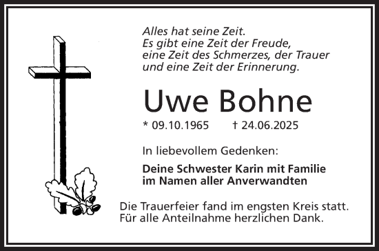 Traueranzeige von Uwe Bohne von Südthüringer Presse
